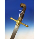 A SHAMSHIR WITH CORK HANDLE AND BRASS QUILLONS, THE CURVED BLADE WITH SINGLE EDGE. H 93cms