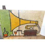 AN INTERESTING ABSTRACT OIL ON CANVAS OF A HORN GRAMOPHONE, SIGNED P. POVEY.