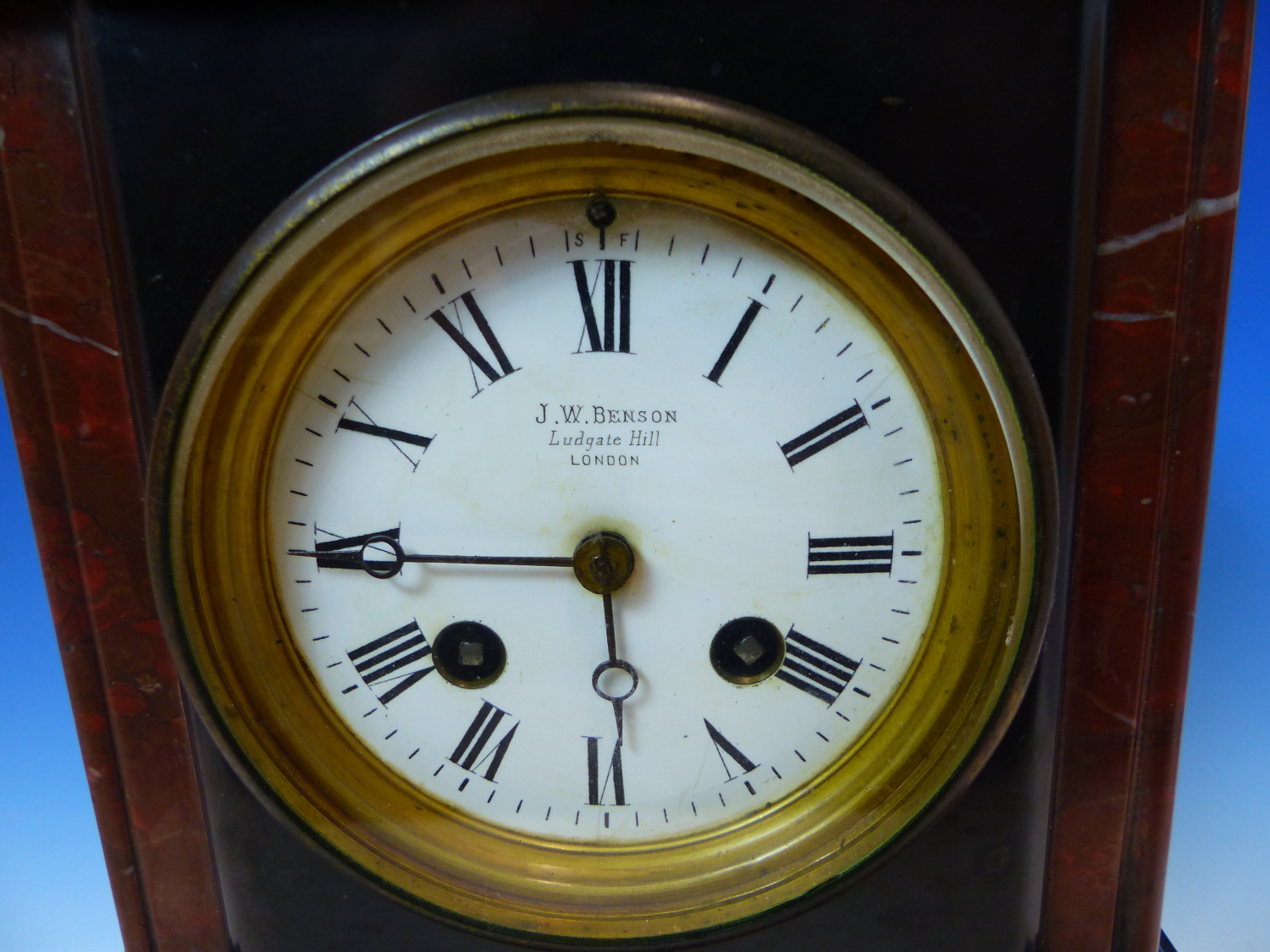 A BLACK SLATE CLOCK RETAILED BY J W BENSON NAMED ON THE DIAL BETWEEN TWO RED STONE COLUMNS AND ON - Image 2 of 7