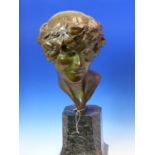 MAURICE GUIRARD RIVIERE. (1851-1947) A BRONZE HEAD OF A BACCHIC FIGURE ON A GREEN MARBLE BASE. H.