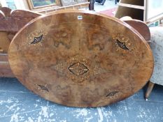 A VICTORIAN WALNUT AND INLAID OVAL TABLE TOP. 133 x 100cms.