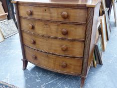 A SMALL Wm.IV. BOW FRONT MAHOGANY CHEST OF FOUR LONG GRADUATED DRAWERS FLANKED BY SPIRAL COLUMN