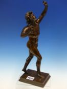 AFTER THE ANTIQUE, A BRONZE FIGURE OF THE DANCING FAUN, HANDS RAISED AND HE STEPS ACROSS THE