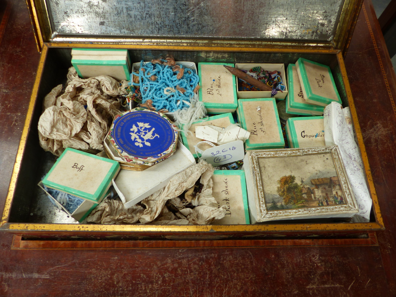 A 19th.C. MAHOGANY SLIDE TOP BOX CONTAINING DOMINOES, A RUSTIC OAK DESK STAND, A LEATHER BOUND - Image 6 of 9