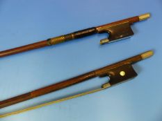 TWO VIOLIN BOWS, ONE STAMPED DODD TO ONE SIDE OF THE FROG AND GERMANY ON THE OTHER.