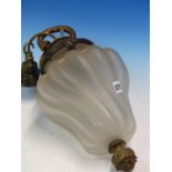 A BRONZE MOUNTED FROSTED GLASS LANTERN, THE SINUOUSLY RIBBED PEAR SHAPE WITH ORMOLU FRUITING BODY