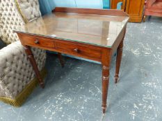 A VICTORIAN MAHOGANY TWO DRAWER SIDE TABLE ON TURNED SUPPORTS WITH DRAWERS STAMPED TOPLIS-ST.