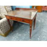 A VICTORIAN MAHOGANY TWO DRAWER SIDE TABLE ON TURNED SUPPORTS WITH DRAWERS STAMPED TOPLIS-ST.
