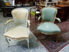 TWO SIMILAR ANTIQUE LOUIS XV STYLE, PAINTED SHOW FRAME SALON ARMCHAIRS ON CABRIOLE LEGS (2).