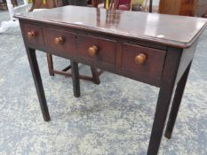 A GEORGE III MAHOGANY SIDE TABLE WITH THREE FRIEZE DRAWER ON SQUARE CHAMFERED LEGS. 87 x 42 x H.