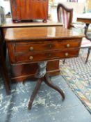 AN EARLY 19th.C.MAHOGANY WORK TABLE, THE RECTANGULAR TOP CROSS BANDED IN ROSEWOOD ABOVE A SLIDE TO