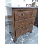 A SMALL GEORGIAN STYLE SERPENTINE FRONT INLAID MAHOGANY CHEST WITH BRUSHING SLIDE 63 CM WIDE X 77 CM