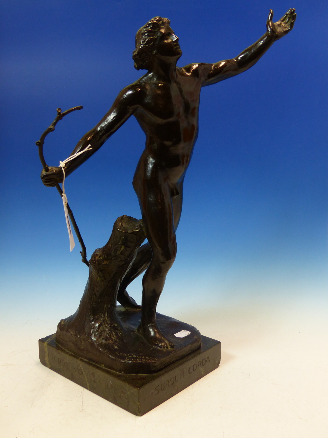 ROBERT CAUER. B.1863. DARMSTADT. SURSAM CORDA A BRONZE NUDE MAN WITH A STICK IN HIS RIGHT HAND AND - Image 7 of 19