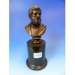 AN ELECTROTYPE COPPER FINISH BUST OF HOMER ON CYLINDRICAL SERPENTINE COLUMN. H 23.5cms.