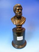 AN ELECTROTYPE COPPER FINISH BUST OF HOMER ON CYLINDRICAL SERPENTINE COLUMN. H 23.5cms.