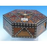 A MATARA SRI LANKHA HEXAGONAL BOX THE HINGED LID INLAID WITH SPECIMEN WOODS IN TRIANGLES DEFINED