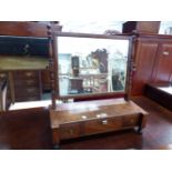 AN EARLY 19th.C.MAHOGANY RECTANGULAR DRESSING TABLE MIRROR SUPPORTED ON A BASE WITH THREE DRAWERS