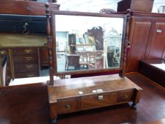 AN EARLY 19th.C.MAHOGANY RECTANGULAR DRESSING TABLE MIRROR SUPPORTED ON A BASE WITH THREE DRAWERS