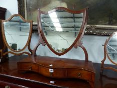 A 19th C. SHIELD SHAPED DRESSING TABLE MIRROR SUPPORTED ON SERPENTINE FRONTED BOX WITH THREE