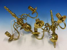 A PAIR OF BRASS THREE BRANCH ELECTRIC WALL LIGHTS EN SUITE WITH A CHANDELIER, EACH TOPPED WITH A