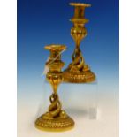 A PAIR OF ORMOLU CANDLESTICKS, THE GADROONED NOZZLES RAISED ON TULIP TOPPED COLUMNS, THE SLENDER