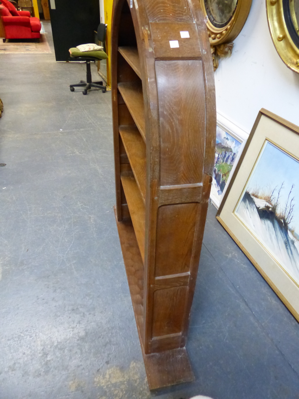 AN ARTS AND CRAFTS ACORN MAN OAK PANEL BACK ARCHED TOP BOOKCASE WITH ADZE FINISH. W.93 x D.17 x H. - Image 10 of 14