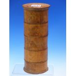 A TREEN SPICE TURRET, THE FIVE CYLINDRICAL COMPARTMENTS FAINTLY NAMED. H 23.5cms.