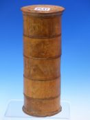 A TREEN SPICE TURRET, THE FIVE CYLINDRICAL COMPARTMENTS FAINTLY NAMED. H 23.5cms.