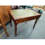 A LATE VICTORIAN WALNUT TWO DRAWER WRITING TABLE WITH INSET GREEN LEATHER TOP. H. 70 x W. 92 x D.