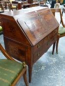 A 19th.C.CONTINENTAL WALNUT INLAID BUREAU WITH FITTED AND DROP WELL INTERIOR OVER TWO SHORT AND