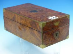 A 19th.C.BRASS EDGED BURL WOOD DRESSING BOX, THE INTERIOR COMPARTMENTS LINED IN RED AND GREEN SCRIM,