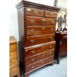 A GEO.III.MAHOGANY TALLBOY CHEST ON CHEST OF SIX LONG GRADUATED DRAWERS WITH PIERCED BRASS HANDLE
