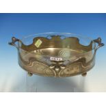 A CUT GLASS LINED ORIVIT ART NOUVEAU PEWTER TWO HANDLED CIRCULAR BOWL. Dia. 20cms.