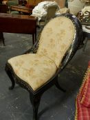 A VICTORIAN PAPIER MACHE INLAID WITH MOTHER OF PEARL NURSING CHAIR, THE UPHOLSTERED HOOP BACK