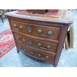 A FRENCH OAK PROVINCIAL SMALL CHEST OF THREE LONG DRAWERS ON CARVED FEET. W.90 x D.58 x H.81cms.