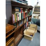 A LATE VICTORIAN STAINED PINE OPEN BOOKCASE, PLINTH BASE. H. 170 x W. 240 x D. 28cms.