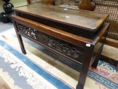 A CHINESE HARDWOOD COFFEE TABLE, THE RECTANGULAR TOP RECESSED ABOVE THE APRON PIERCED AND CARVED