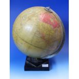 A PHILIPS CHALLENGE TERRESTIAL TEN INCH GLOBE MOUNTED ON SQUARE BLACK PLASTIC FOOT