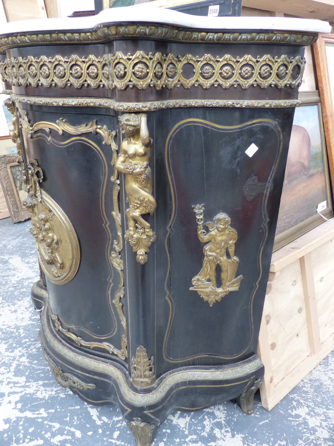 A FRENCH 19th.C.EBONISED ORMOLU MOUNTED MARBLE TOP CABINET, SERPENTINE FORM WITH FIGURAL MOUNTS - Image 4 of 15