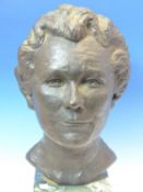 LOUISA BOLT, 1975, A BRONZE HEAD OF A LADY ON A VARIEGATED GREEN MARBLE PLINTH. H 45cms.