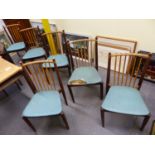 A SET OF SIX RETRO MID 20th C. ROSEWOOD CHAIRS, THE TOP RAILS AND STICK BACKS OF PALER WOOD, THE