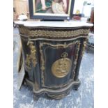 A FRENCH 19th.C.EBONISED ORMOLU MOUNTED MARBLE TOP CABINET, SERPENTINE FORM WITH FIGURAL MOUNTS