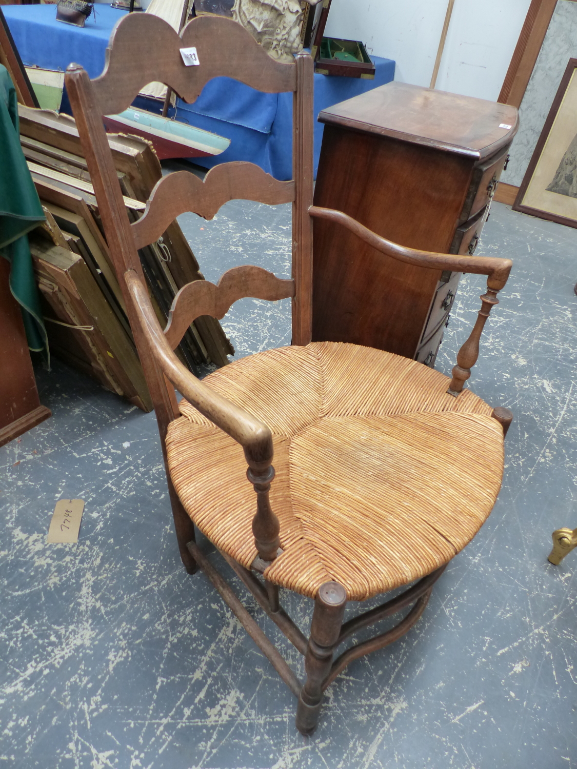 TWO FRENCH RUSH SEATED LADDER BACK ARMCHAIRS. - Image 3 of 5