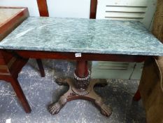 A Wm.IV. ROSEWOOD AND MARBLE TOP CONSOLE TABLE WITH PLATFORM BASE ON CARVED PAW FEET.