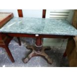 A Wm.IV. ROSEWOOD AND MARBLE TOP CONSOLE TABLE WITH PLATFORM BASE ON CARVED PAW FEET.