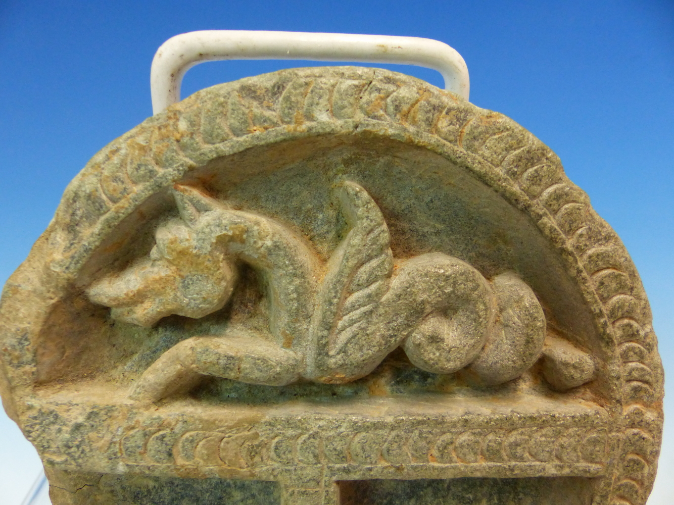 A GREEN SOAPSTONE ROUNDEL CARVED IN RELIEF WITH A DRAGON ON A T BAR. Dia 11.5cms. A DIAMOND SHAPED - Image 6 of 11