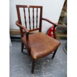 A GEORGE III MAHOGANY ELBOW CHAIR WITH FOUR TURNED UPRIGHTS TO THE SQUARED BACK, THE LEATHER SEAT ON