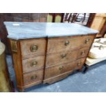 AN ANTIQUE INLAID MAHOGANY CONTINENTAL MARBLE TOP COMMODE, NEOCLASSICAL STYLE ADAPTED INTERIOR. H.