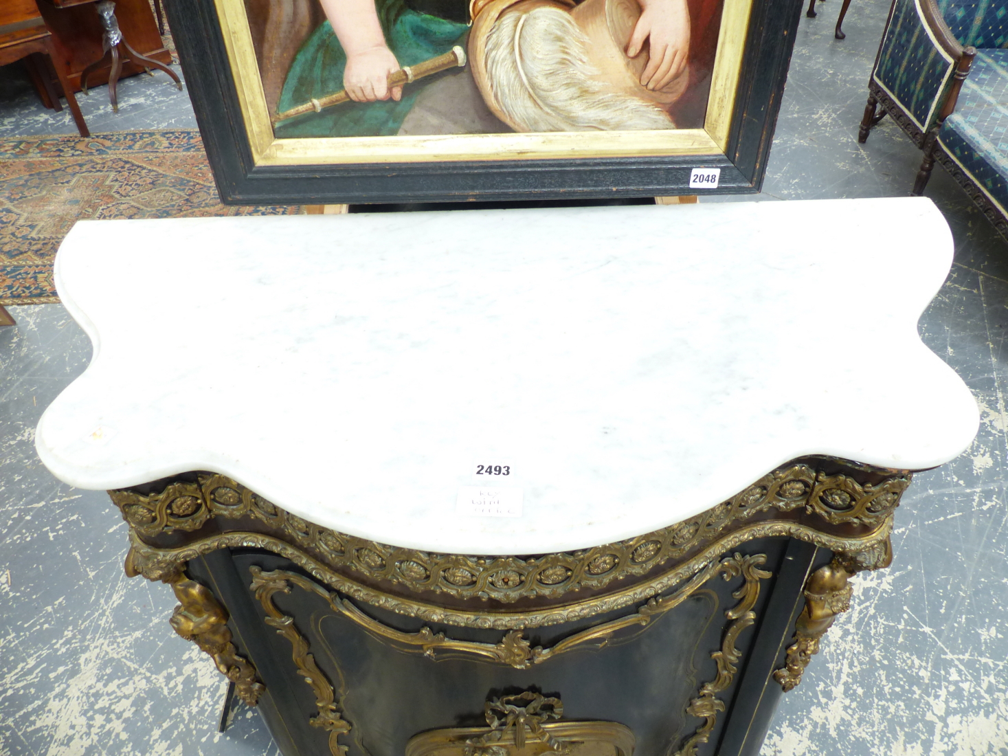 A FRENCH 19th.C.EBONISED ORMOLU MOUNTED MARBLE TOP CABINET, SERPENTINE FORM WITH FIGURAL MOUNTS - Image 13 of 15