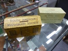 TWO VINTAGE MISSIONARY COLLECTION BOXES, ONE IN THE FORM OF THE BISHOPS RESIDENCE AT USHUAIA, TIERRA